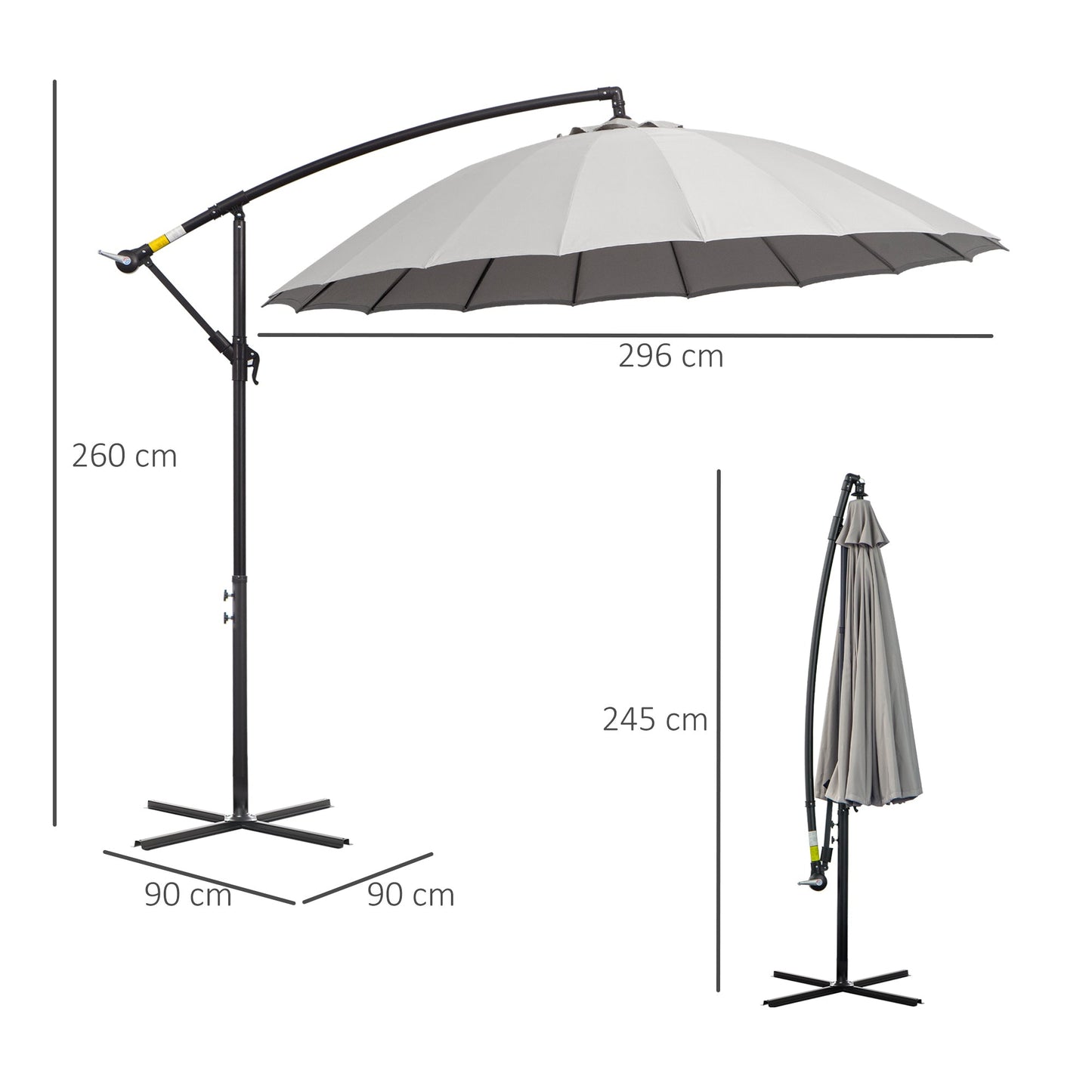 Outsunny 3(M) Cantilever Umbrella 18 Ribs & Vents Adjustable Angle For Patio Light Grey