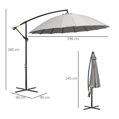 Outsunny 3(M) Cantilever Umbrella 18 Ribs & Vents Adjustable Angle For Patio Light Grey