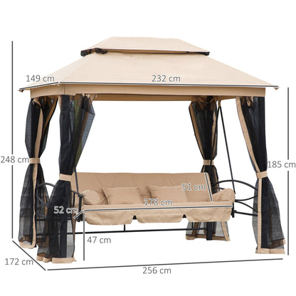 3 Seater Swing Chair 3-in-1 Convertible Garden Swing Seat Bed Gazebo Patio Bench Outdoor with Double Tier Canopy