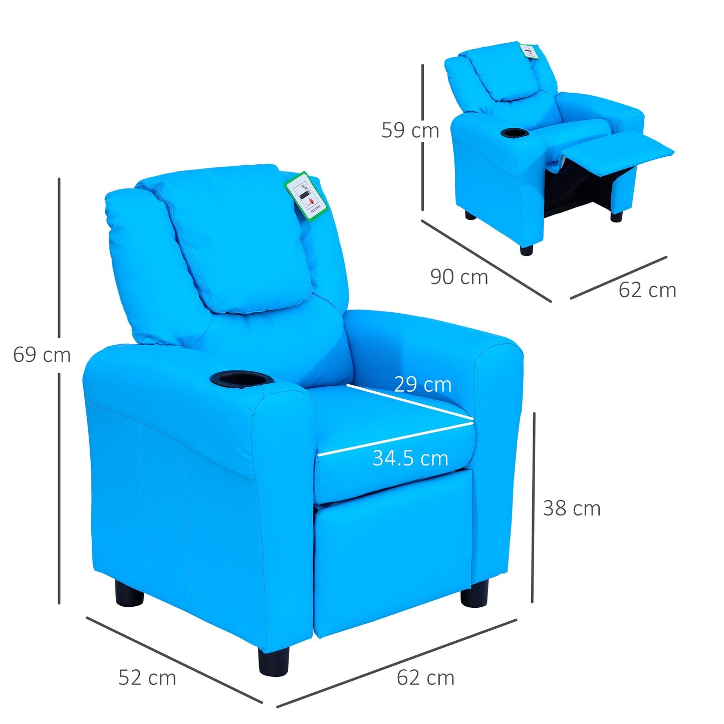 Kids Children Recliner Lounger Armchair Games Chair Sofa Seat PU Leather Look w/ Cup Holder Blue