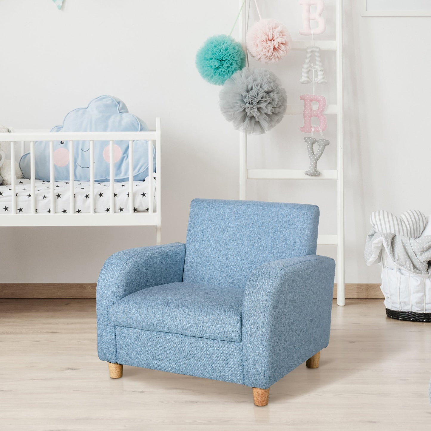 Kids Children Armchair Mini Sofa Wood Frame Anti-Slip Legs High Back Bedroom Playroom Furniture Blue