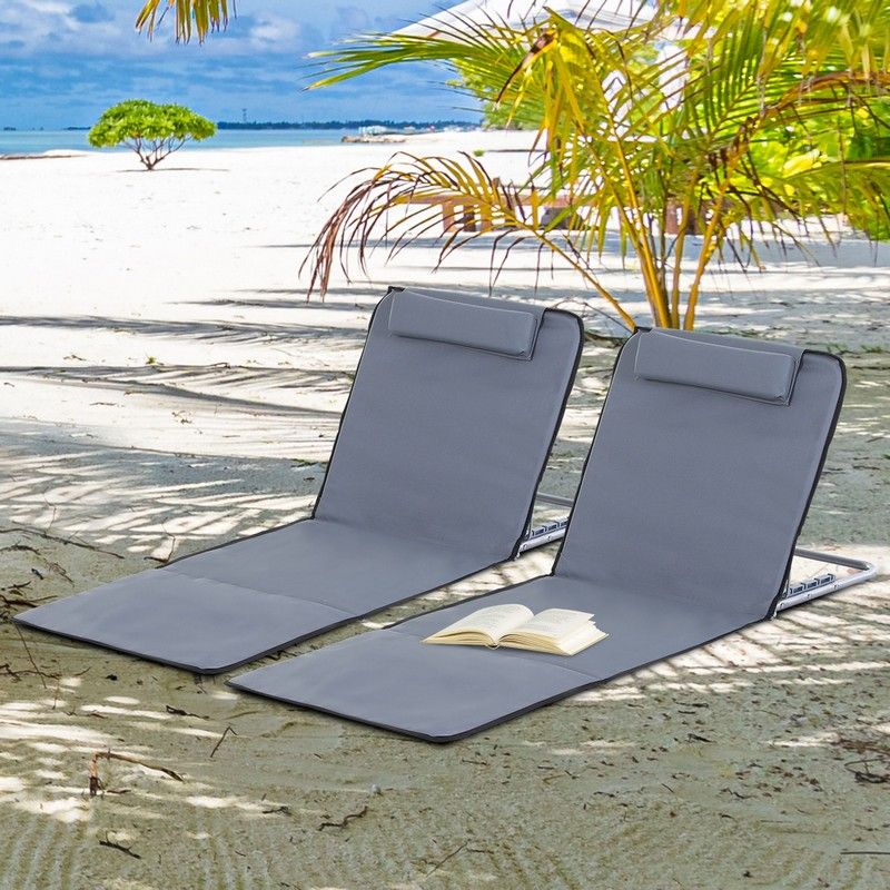 Outsunny Outsunny Set of 2 Foldable Garden Beach Chair Mat Lightweight Outdoor Sun Lounger Seats Adjustable Back Metal Frame PE Fabric Head Pillow w/ Carry Bag