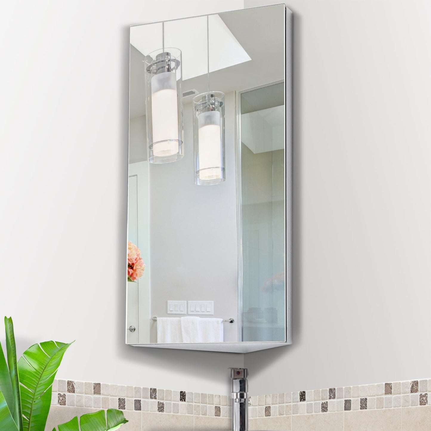 Stainless Steel Wall mounted Bathroom Corner Mirror Storage Cabinet Single Door 300mm W