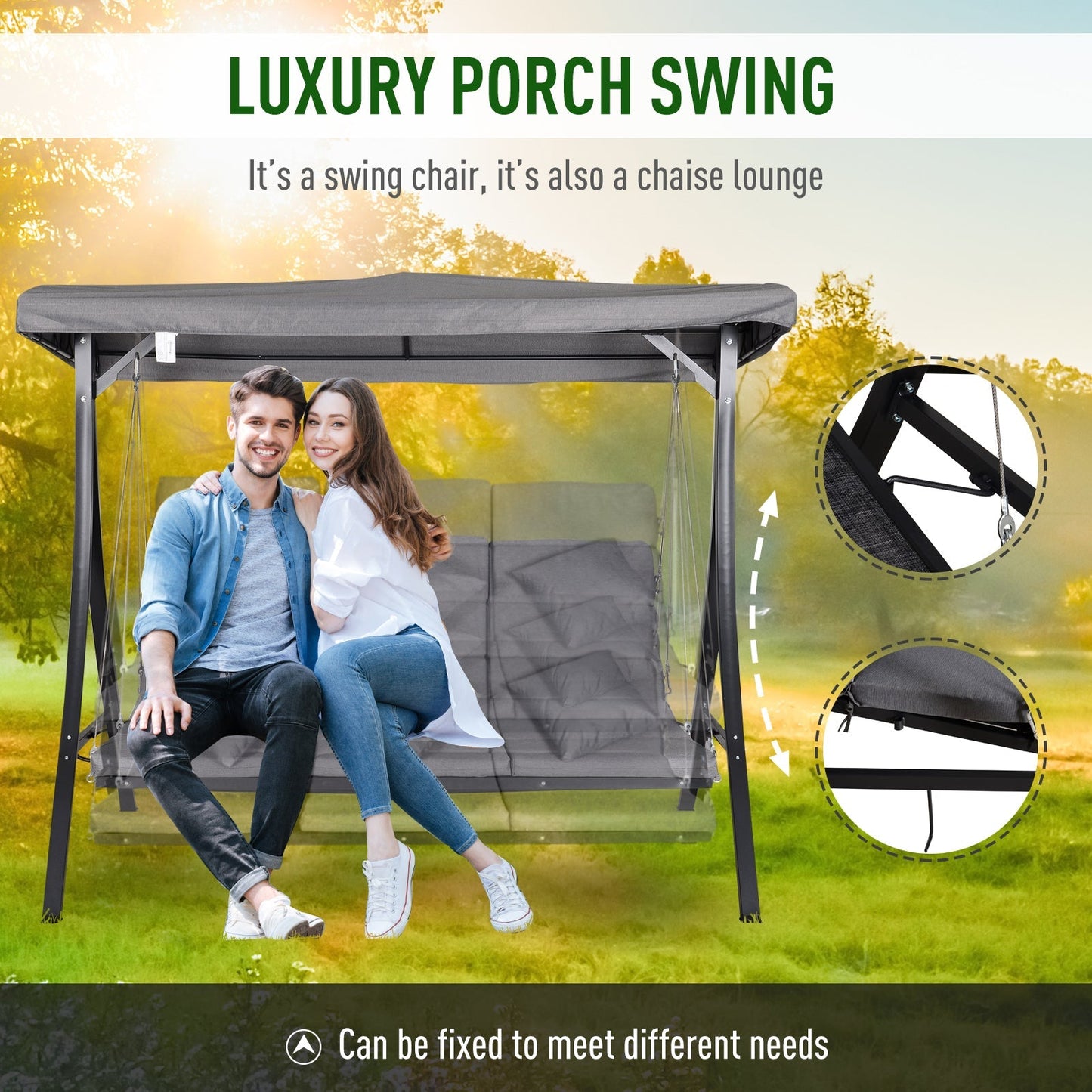 3 Seater Garden Swing Seat Outdoor Swing Chairs Chaise Lounge Padded Seat Hammock Canopy Porch Patio Bench Bed Recliner Sun Lounger - Grey