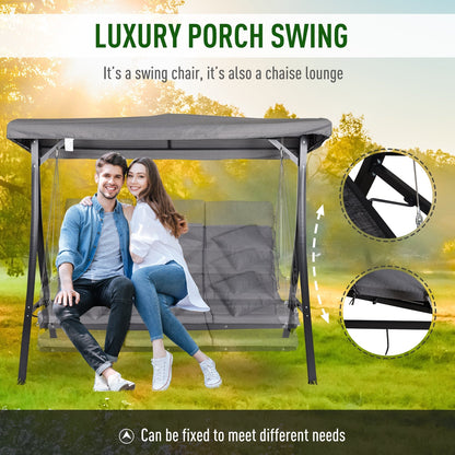 3 Seater Garden Swing Seat Outdoor Swing Chairs Chaise Lounge Padded Seat Hammock Canopy Porch Patio Bench Bed Recliner Sun Lounger - Grey