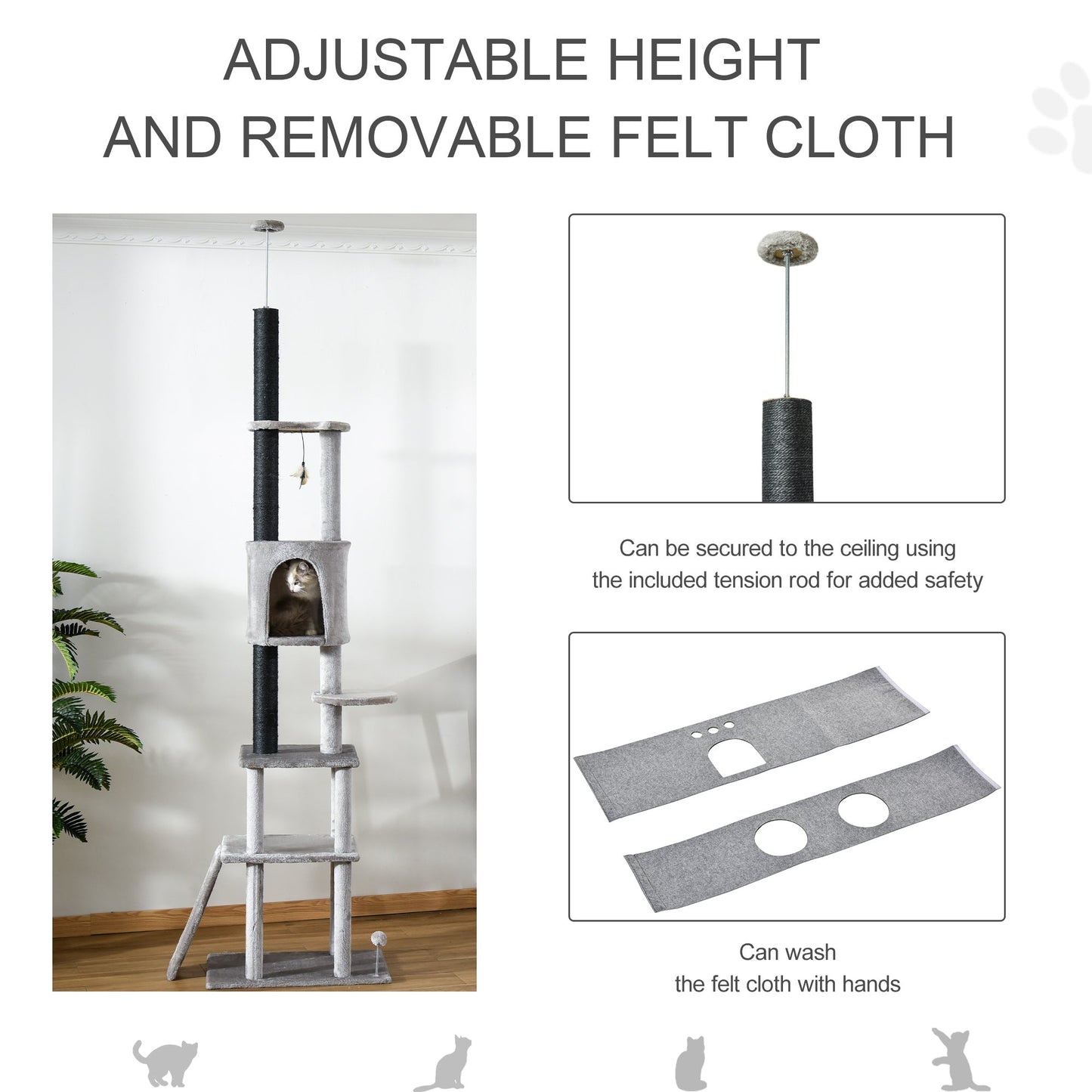 PawHut 255cm Floor To Ceiling Cat Tree for Indoor Cats Climber Scratching Post Adjustable Height Play Tower Removable Cover Grey