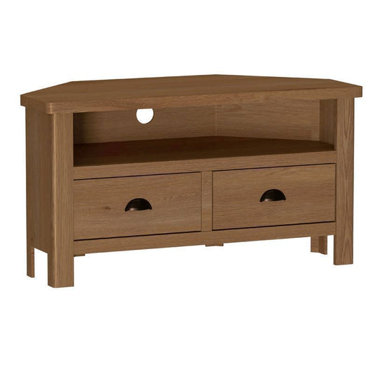 Anglian Furniture Rutland Corner TV Unit Oak Natural 1 Shelf 2 Drawers