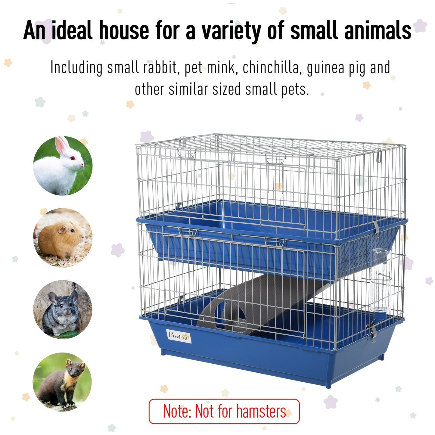 PawHut Double Tier Small Animal Cage Rabbit Chinchillas Cage w/ Ramp Food Dish Water Bottle Deep Trays Pet Home 72 x 44 x 67 cm