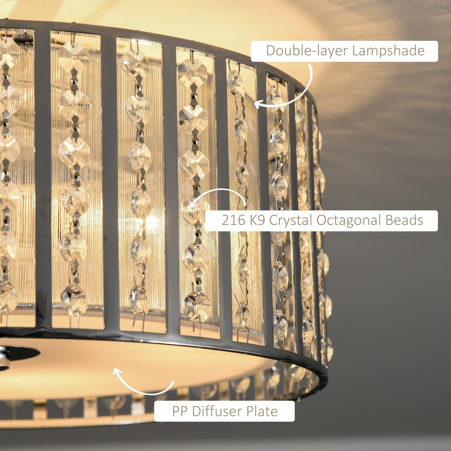 Modern K9 Crystal Chandelier Ceiling Light with Double Layer Lampshade