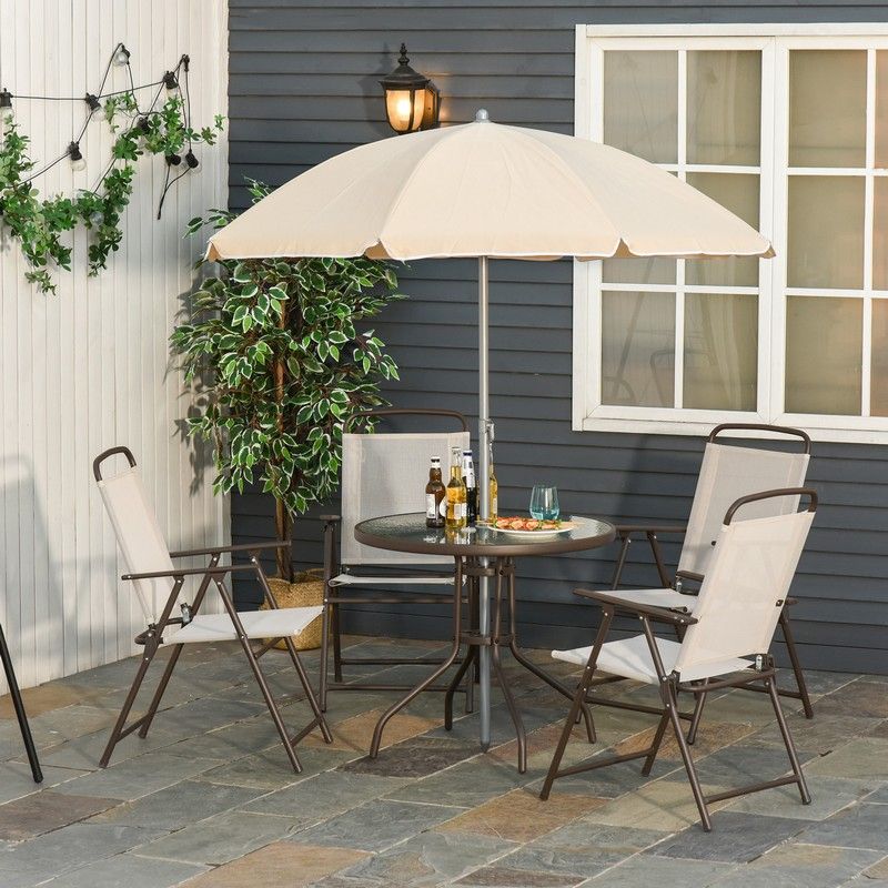 Outsunny Outsunny Garden Patio Texteline Folding Chairs Plus Table and Parasol Furniture Bistro Set 6 Pieces - Black/Cream