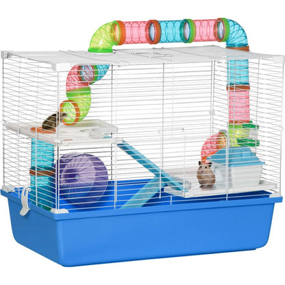 PawHut Hamster Cage with Tubes Tunnel 3 Level Rodent House with Exercise Wheel