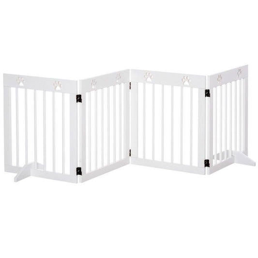 PawHut Pawhut Freestanding Pet Gate 4 Panel Wooden Dog Barrier Folding Safety Fence With Support Feet Up To 204cm Long 61cm Tall For Doorway Stairs White