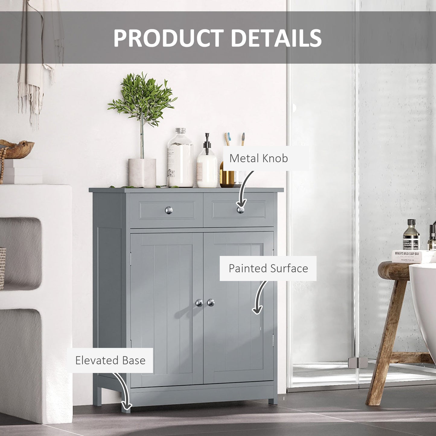 kleankin 75x60cm Freestanding Bathroom Storage Cabinet Unit w/ 2 Drawers Cupboard Adjustable Shelf Metal Handles Traditional Style Grey