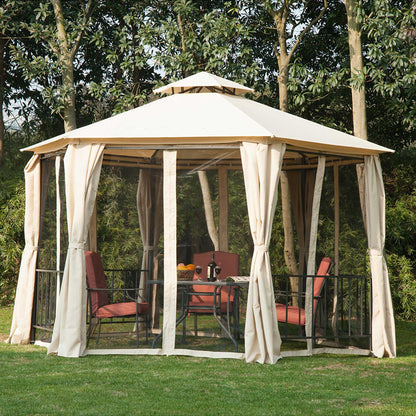 Outsunny 3 X 3M Hexagon Gazebo Patio Canopy Party Tent Outdoor Garden Shelter With 2 Tier Roof & Side Panel - Beige