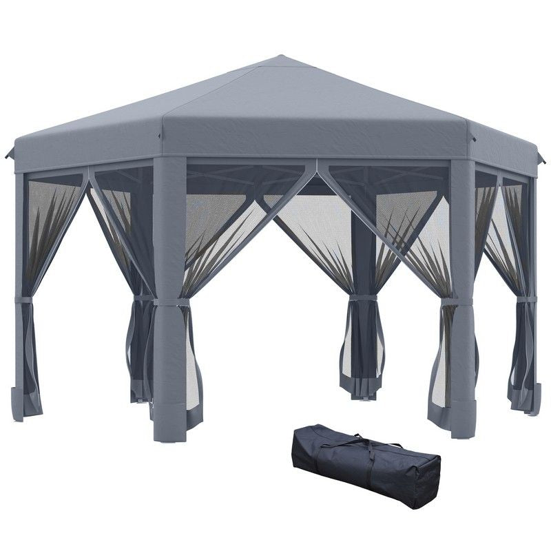 Outsunny Outsunny 3.2 x 3.2M Pop Up Gazebo Hexagonal Canopy Tent Outdoor Sun Protection With Mesh Sidewalls Handy Bag Grey