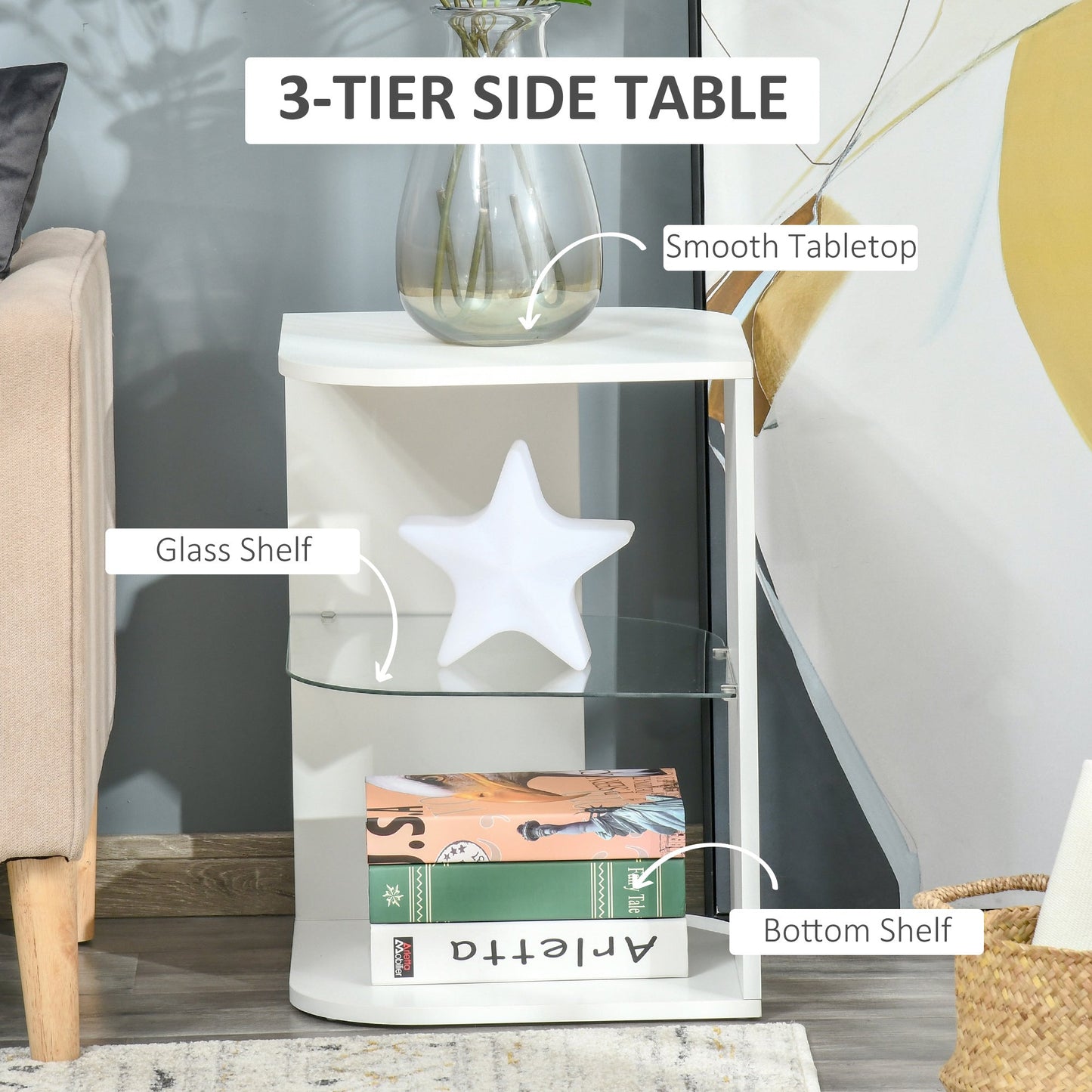 Modern Side Table Three Layer Bedside Table Nightstand with 2 Storage Shelves