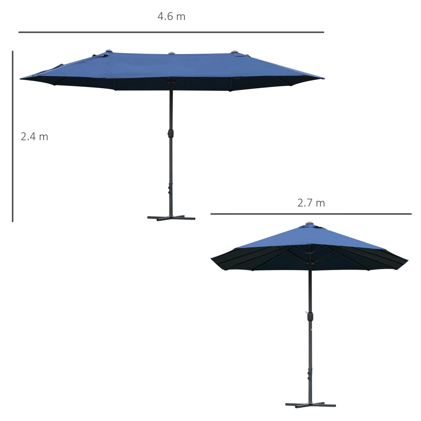 Outsunny 4.6M Sun Umbrella Canopy Double-Sided Crank Sun Shade With Cross Base Dark Blue