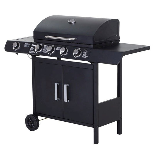 Outsunny Outsunny 4+1 Gas Burner Grill Bbq Trolley Backyard Garden Smoker Side Burner Barbecue With Storage Side Table Wheels