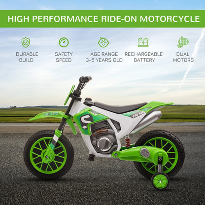 Homcom 12V Kids Electric Motorcycle Ride-On With Training Wheels For Ages 3-5 Years - Green