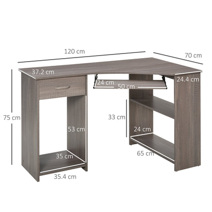 L-Shaped Corner Computer Desk w/ 2 Shelves Wide Worktop Keyboard Tray Drawer & CPU Stand Home Office Study Bedroom Furniture Grey