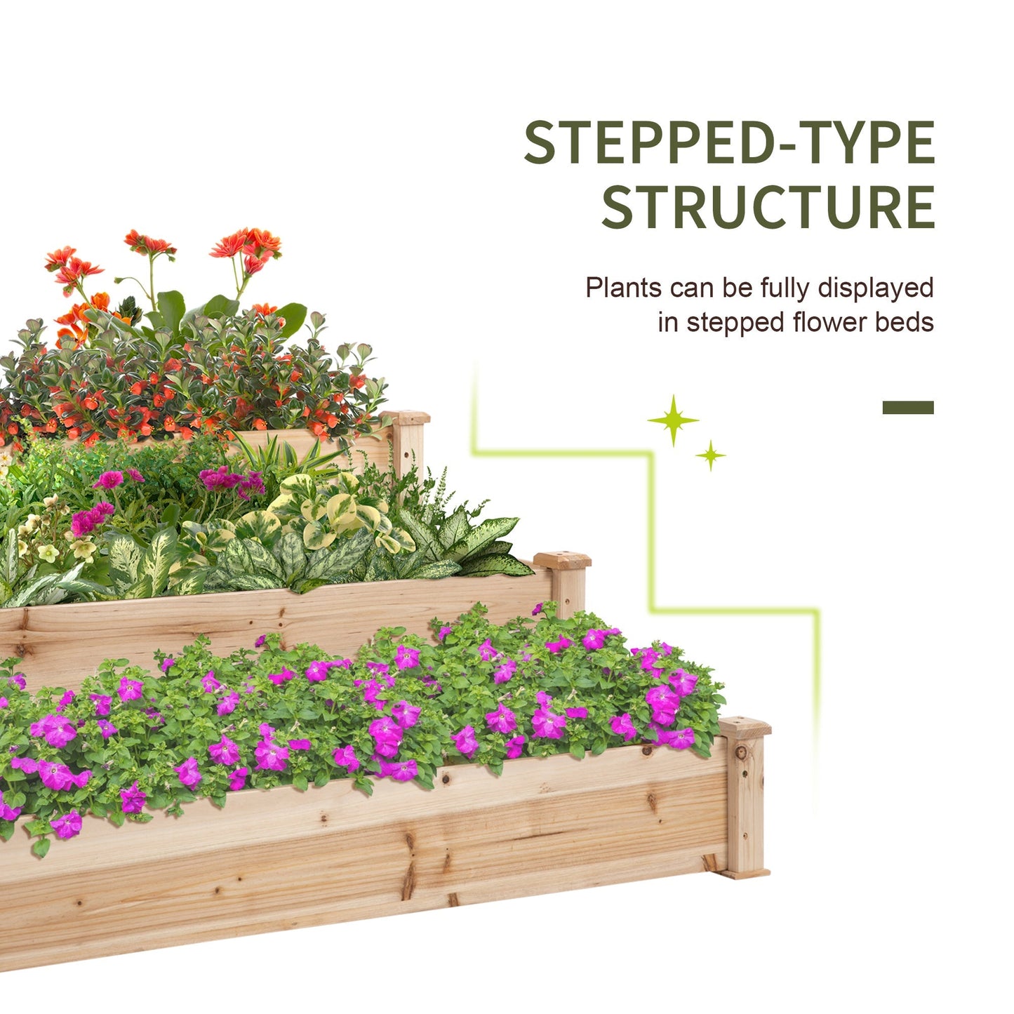 470L Wooden Raised Garden Bed 3-Tier Planter Kit Elevated Planter Box Stand for Yard & Patio 124 x 124 x 56 cm