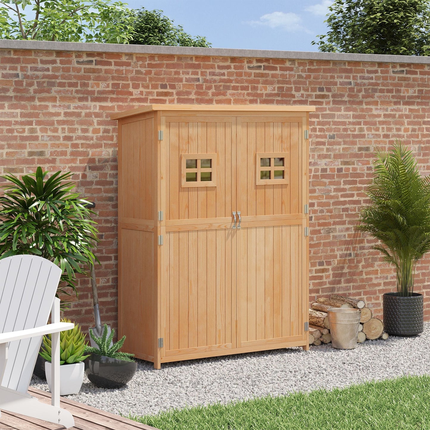 Barn 164cm Double Door Pent Garden Store Two Window Fir Wood Natural by Steadfast