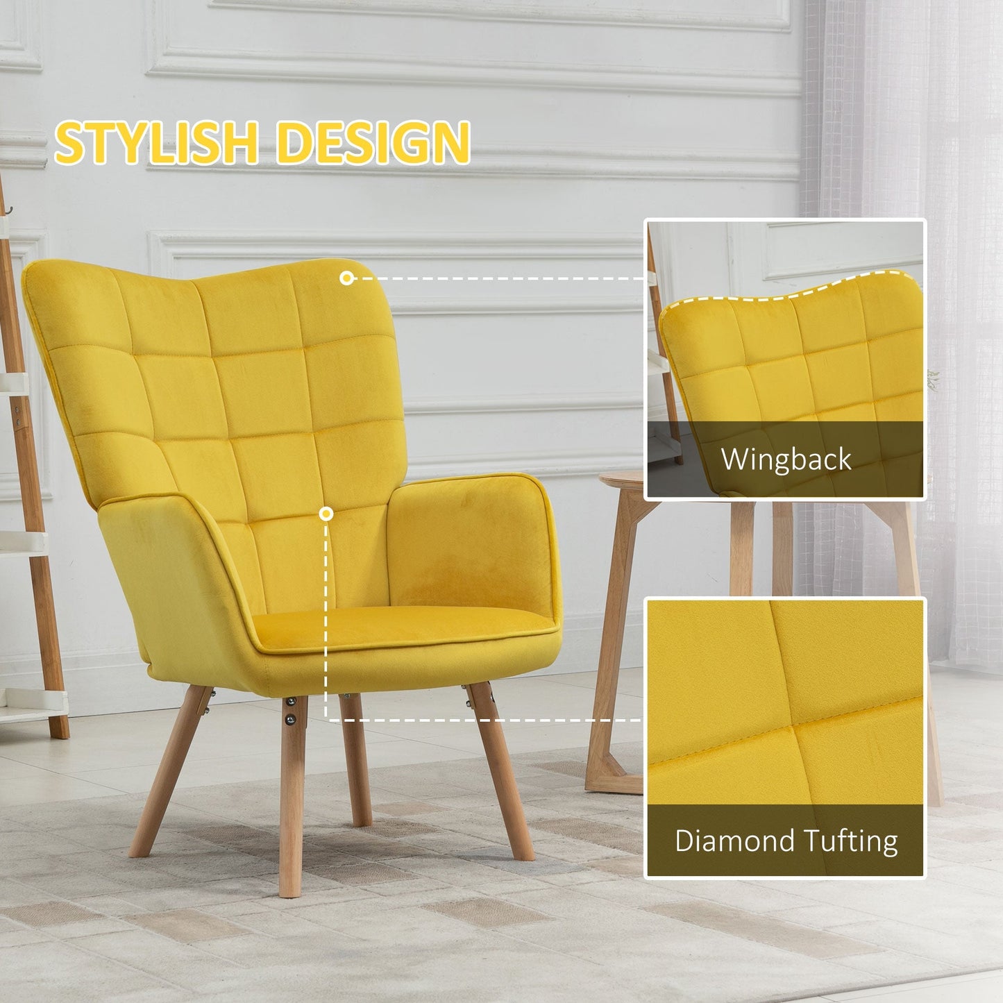 Accent Chair VelvetTufted Wingback Armchair Club Chair with Wood Legs Yellow