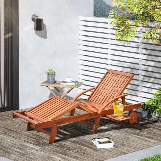 Outsunny Outsunny Outdoor Garden Patio Wooden Sun Lounger Foldable Recliner Deck Chair Day Bed Furniture with Wheels