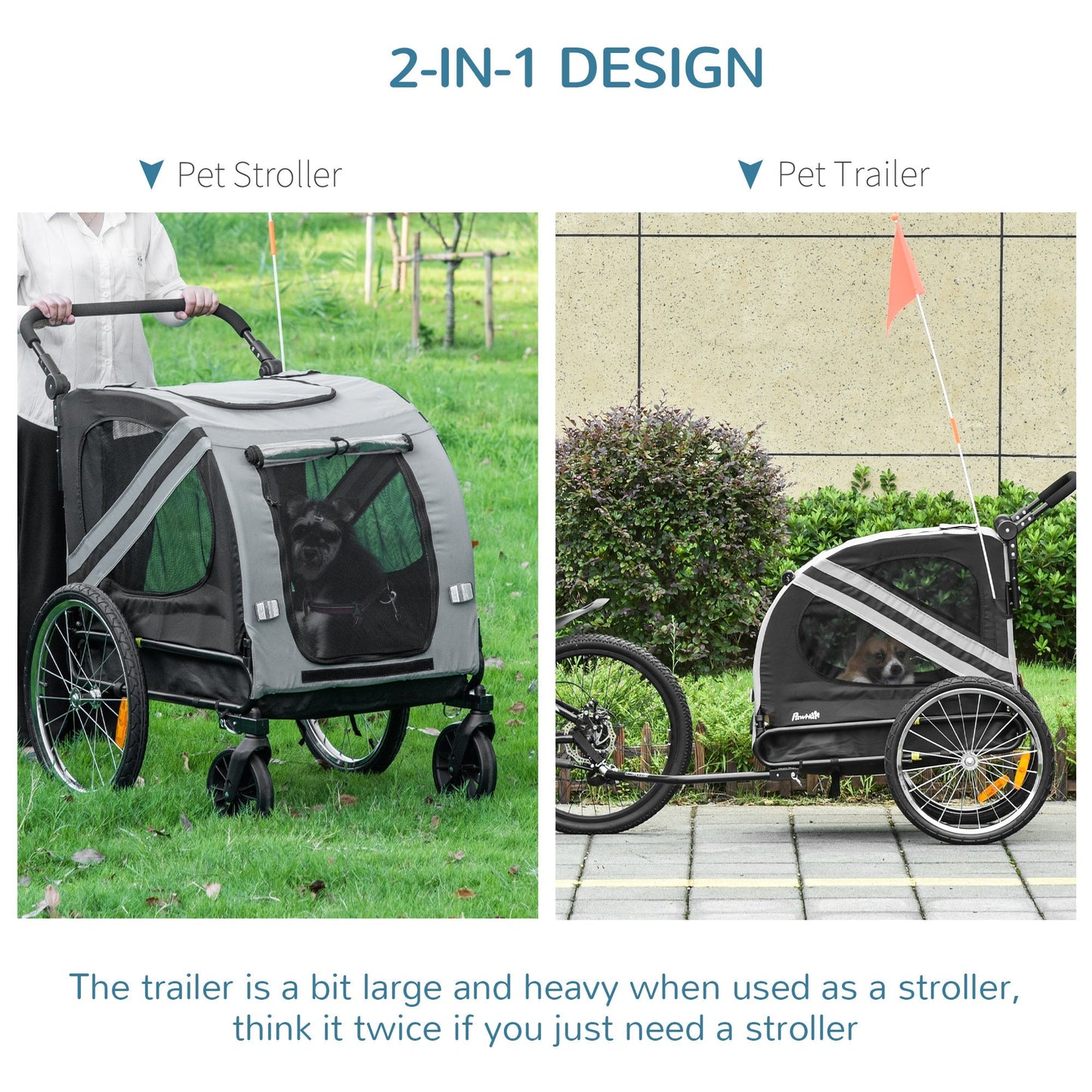 PawHut 2-In-1 Pet Bike Trailer Dog Stroller Pushchair with Universal Wheel Reflector Flag Grey