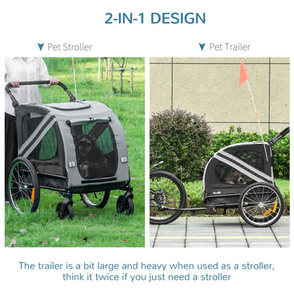 PawHut 2-In-1 Pet Bike Trailer Dog Stroller Pushchair with Universal Wheel Reflector Flag Grey