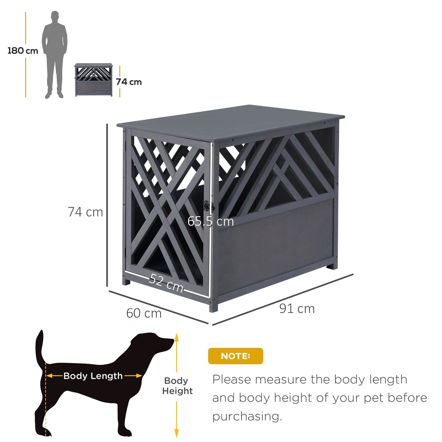 PawHut Wood Dog Crate Dog Cage Table Kennel Night Stand with Lockable Door for Small Medium Pets Grey 60 x 91 x 74 cm