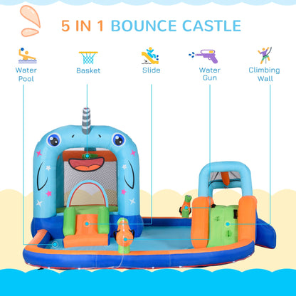 5 in 1 Kids Bounce Castle Narwhals Style Inflatable House with Slide Trampoline Pool Water Gun Climbing Wall with Inflator Carrybag