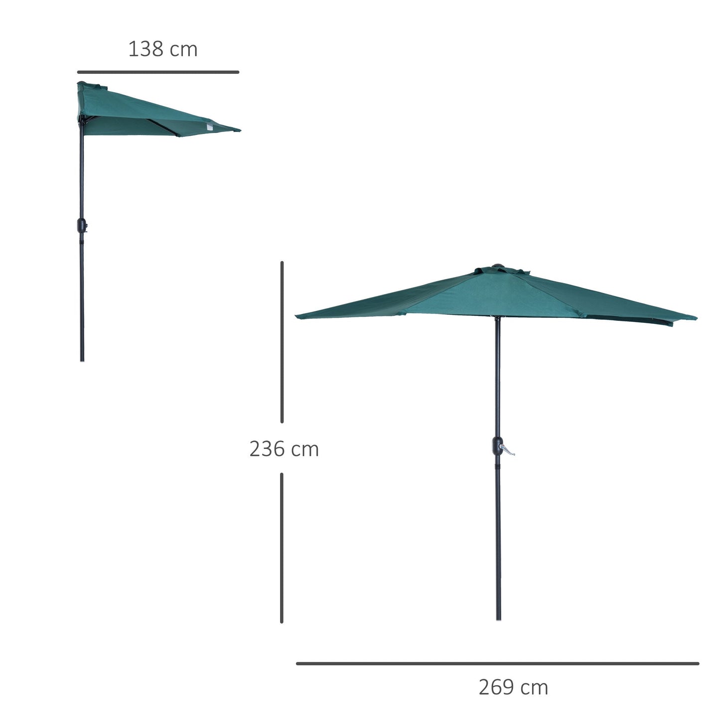 2.7m Balcony Half Parasol 5 Steel Ribs Construction Garden Outdoor Umbrella Green