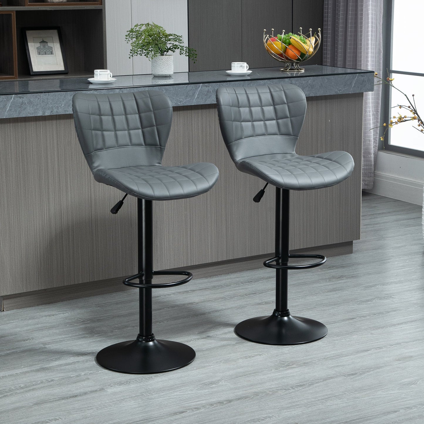 Bar Stools Set of 2 Adjustable Height Swivel Bar Chairs in PU Leather with Backrest & Footrest