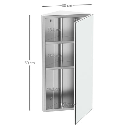 Stainless Steel Wall mounted Bathroom Corner Mirror Storage Cabinet Single Door 300mm W