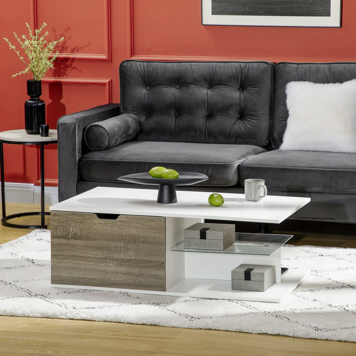 Modern Coffee Table with Tempered Glass Shelf and Two Drawers