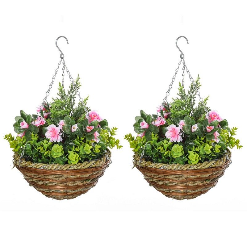 Outsunny Outsunny Pack Of 2 Artificial Lisianthus Flowers Hanging Planter With Basket For Indoor Outdoor Decoration