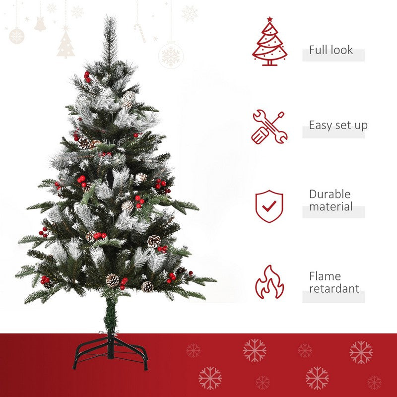 4 Foot Artificial Snow Dipped Christmas Tree Xmas Pencil Tree with Foldable Feet Red Berries White Pinecones