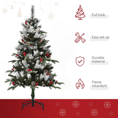 4 Foot Artificial Snow Dipped Christmas Tree Xmas Pencil Tree with Foldable Feet Red Berries White Pinecones