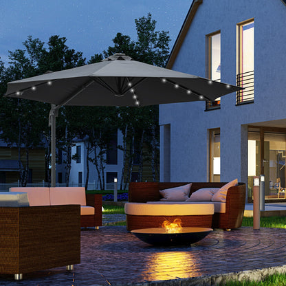 3M Cantilever Roma Parasol Patio Sun Umbrella with Crank & Tilt LED Solar Light Cross Base 360° Rotating Outdoor