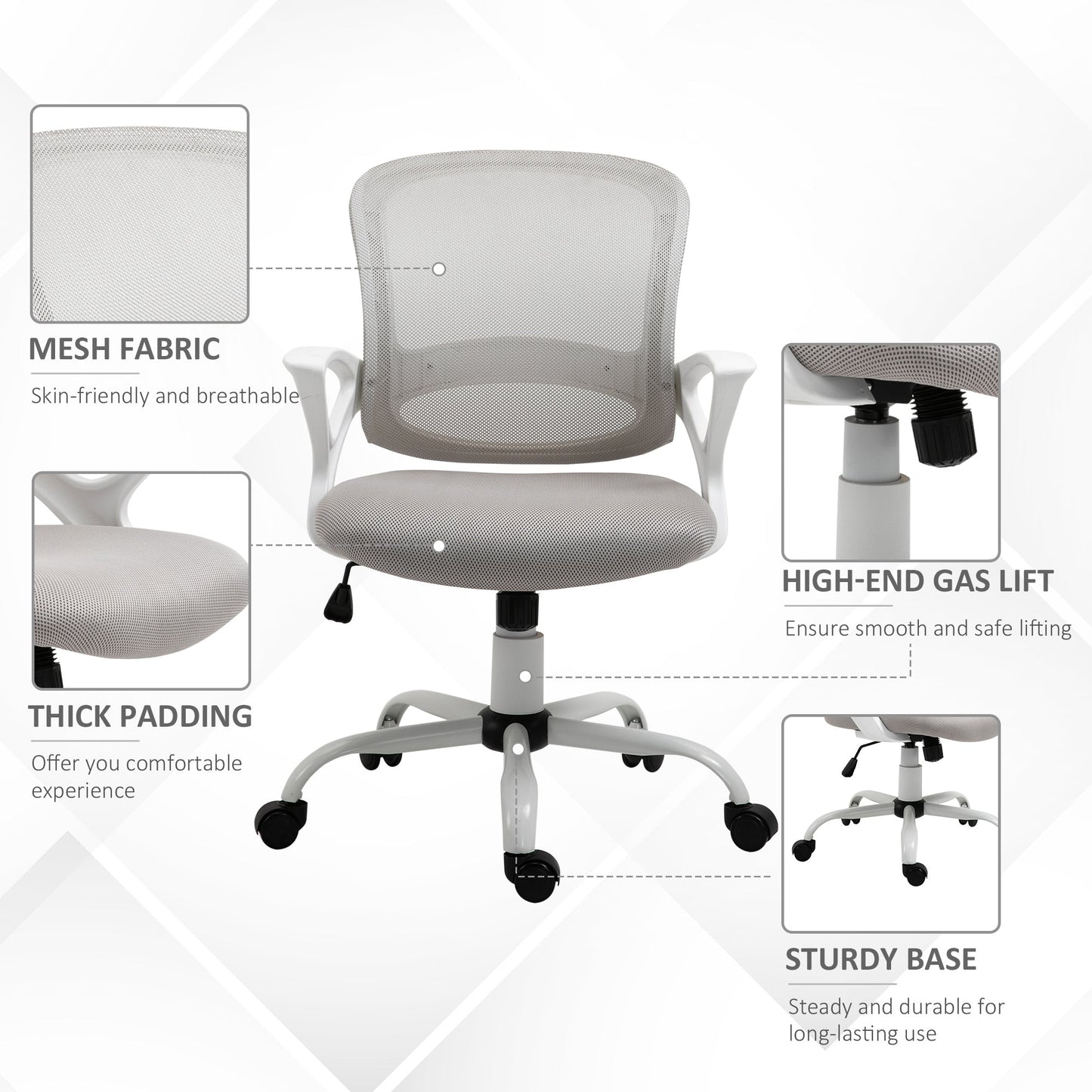 Vinsetto Office Chair Mesh Swivel Desk Chair With Lumbar Back Support Adjustable Height Armrests Grey