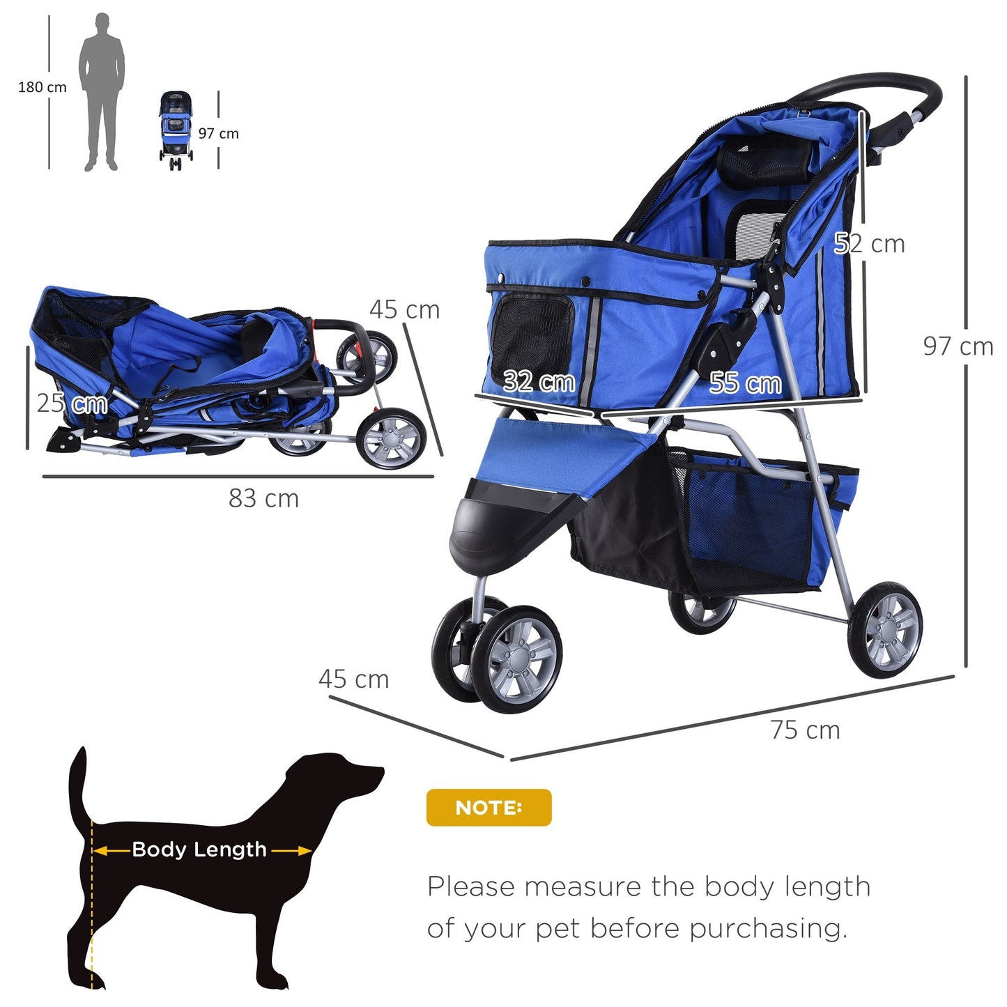 PawHut Pet Travel Stroller Cat Dog Pushchair Trolley Puppy Jogger Carrier Three Wheels for Small Miniature DogsBlue