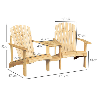 Wooden Outdoor Double Adirondack Chairs Loveseat w/ Center Table and Umbrella Hole