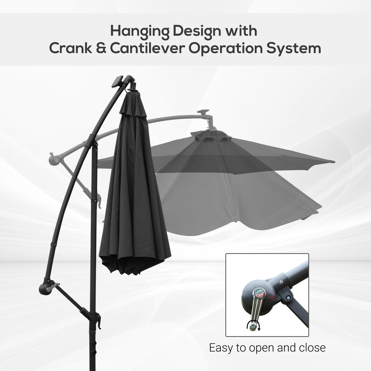 3m LED Patio Banana Umbrella Cantilever Parasol w/ Crank Cross Base Hanging Offset Umbrella Frame Steel Aluminium Garden Table Outdoor Black