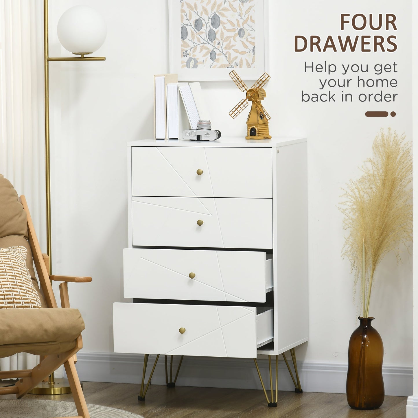 Homcom Tall Chest Of Drawers 4-Drawer Dresser For Bedroom Modern Storage Cabinets With Hairpin Legs White