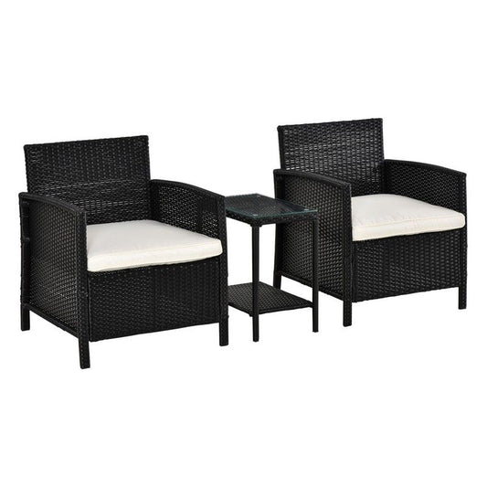 Outsunny Outsunny 2-Seater Pe Rattan Side Table & Armchair Bistro Set Jack And Jill Seat With Pillows Black