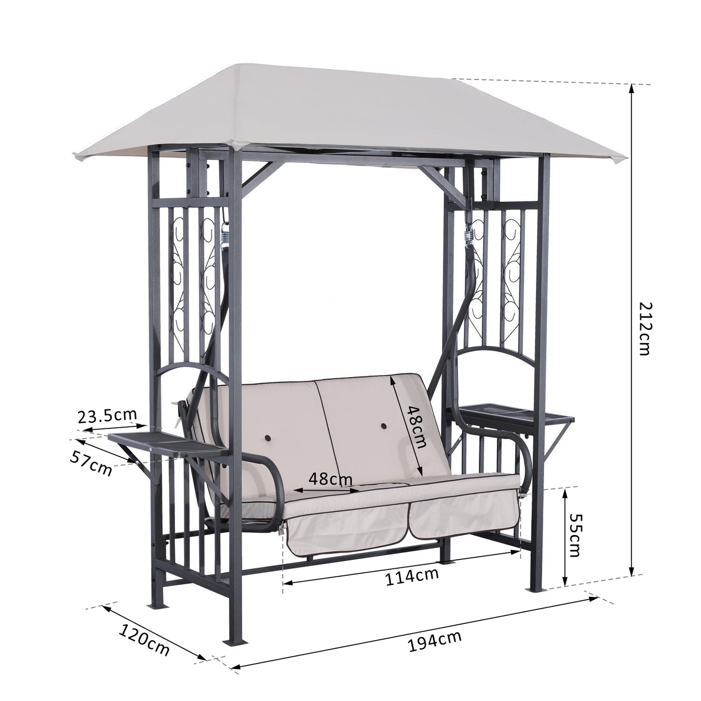 Outdoor Garden 2 Seater Canopy Swing Chair Seat Porch Loveseat Vintage Hammock Cushioned Seat w/ and Side Drink Panel