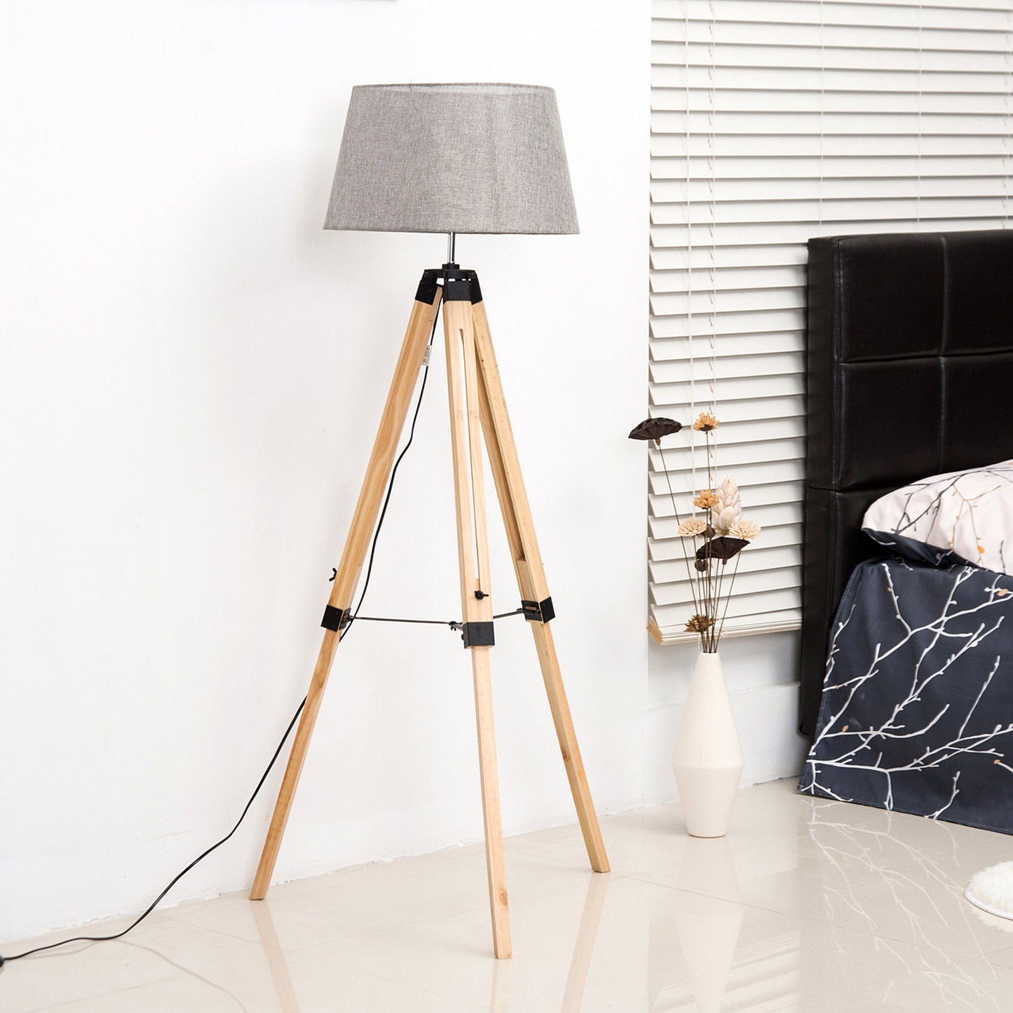 Homcom Tripod Floor Lamp Wooden Adjustable Modern Illumination Design E27 Bulb Compatible (Grey Shade) 99-143H