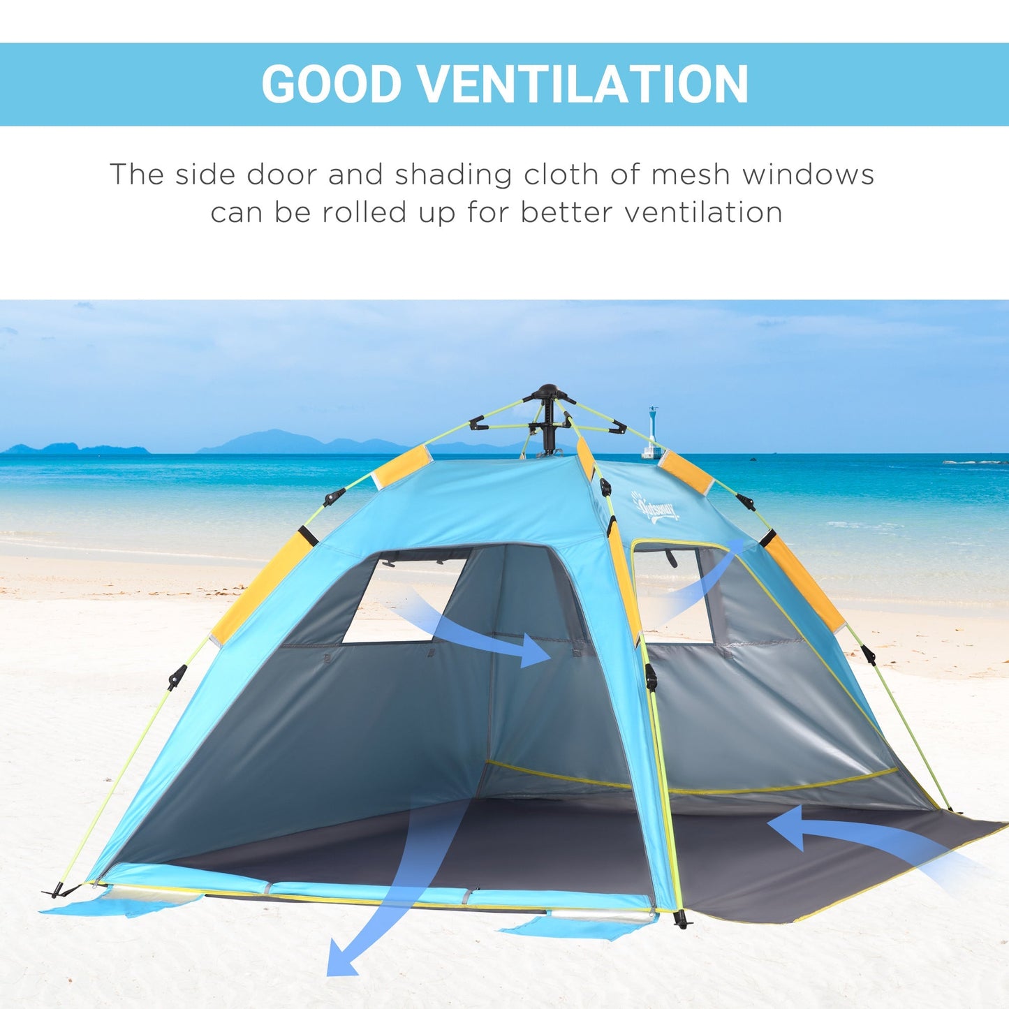 2 Man Pop-up Beach Tent Sun Shade Shelter Hut w/ Windows Doors Hook Sandbags UV Protection Waterproof Outdoor Adventure Garden Light Blue