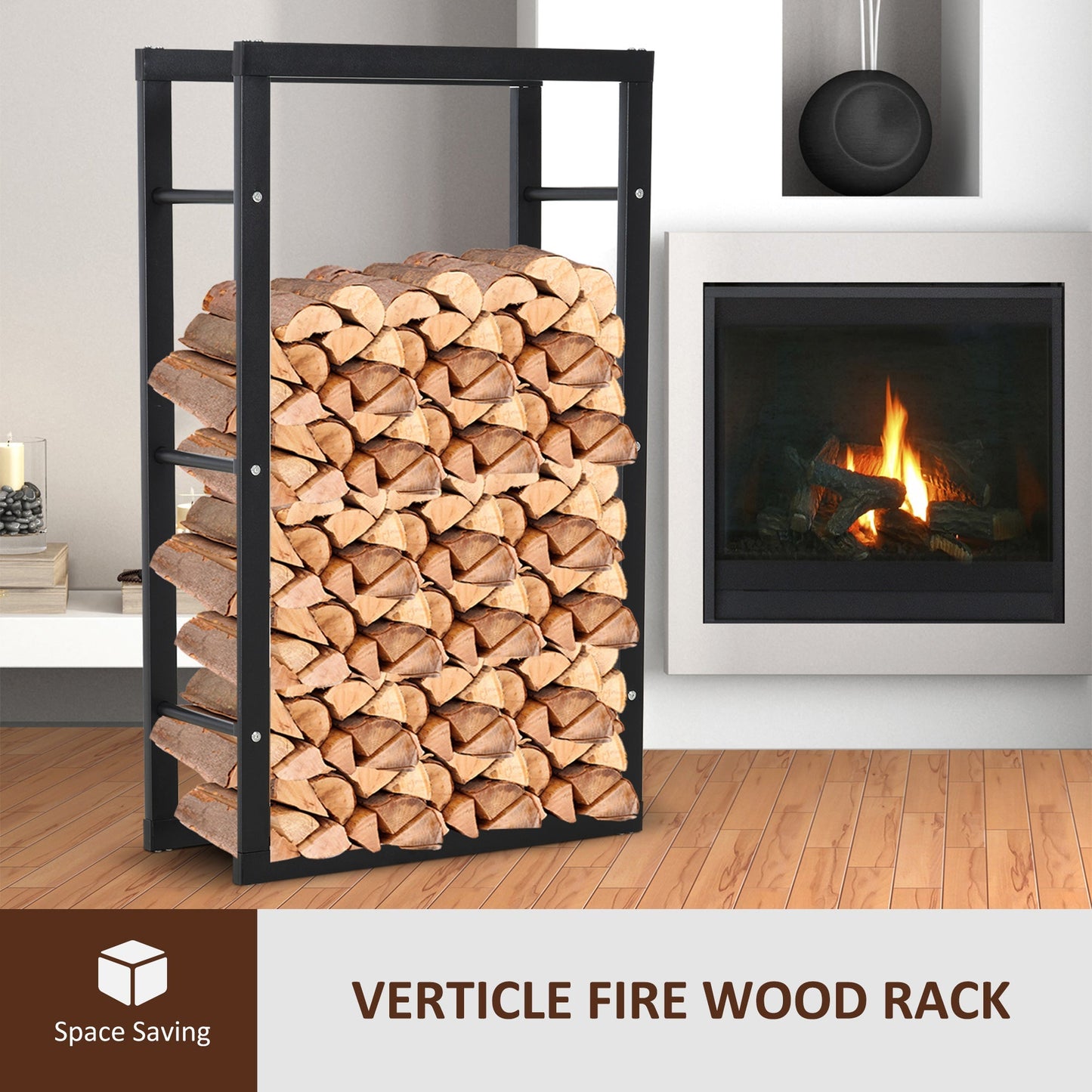 Metal Firewood Log Holder Tall Firewood Rack Indoor Outdoor Fireplace Wood Storage Shelf with Side Rails